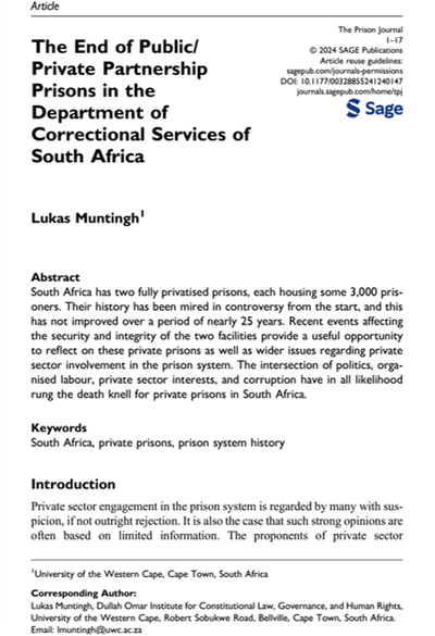 Journal Article: The End of Public/Private Partnership Prisons in the Department of Correctional Services of South Africa