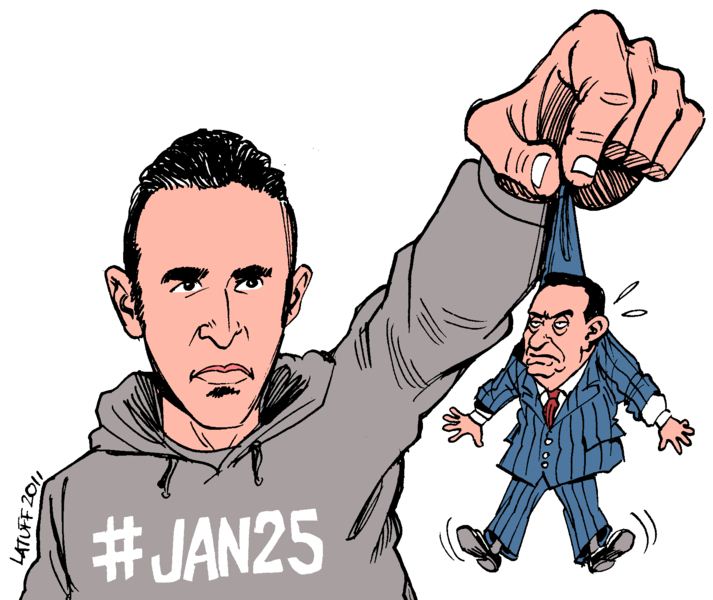 Cartoon showing the role of Said's death in leading to the January 25 protests in toppling Mubarak