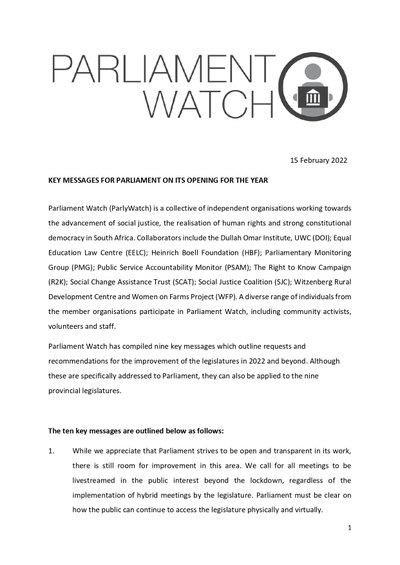 Parliament Watch: Key Messages for Parliament on its Opening for the Year